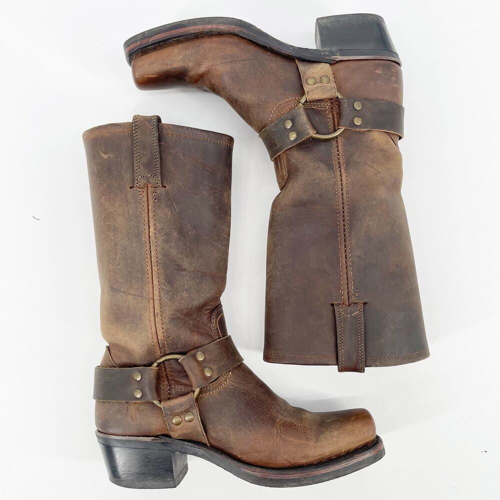 Frye Brown Leather Harness Heeled Boots - Picture 3 of 12